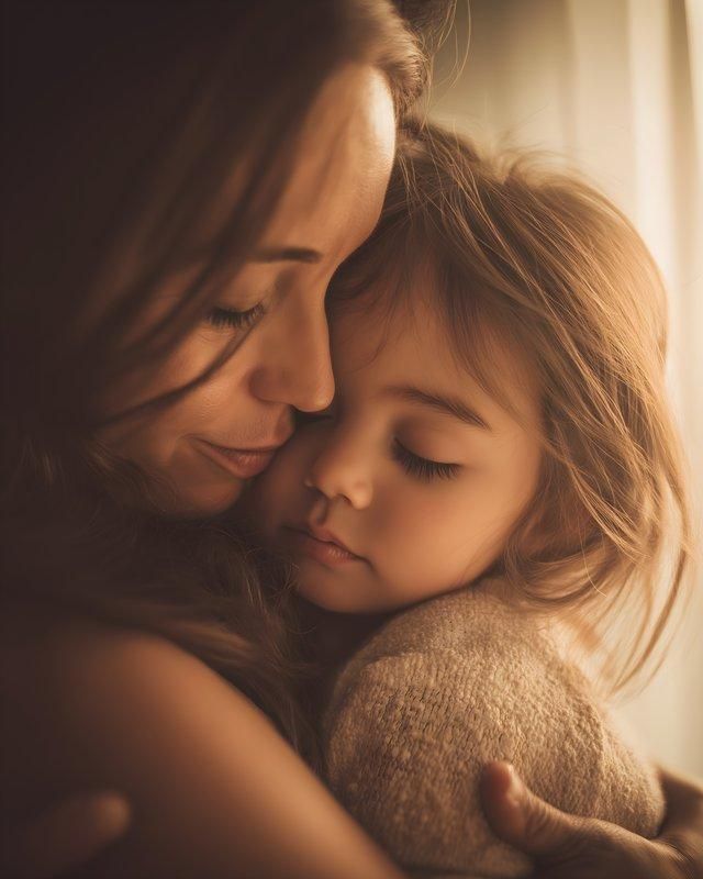 Tender mother-daughter moment with soft golden light as mom gently embraces sleeping child.