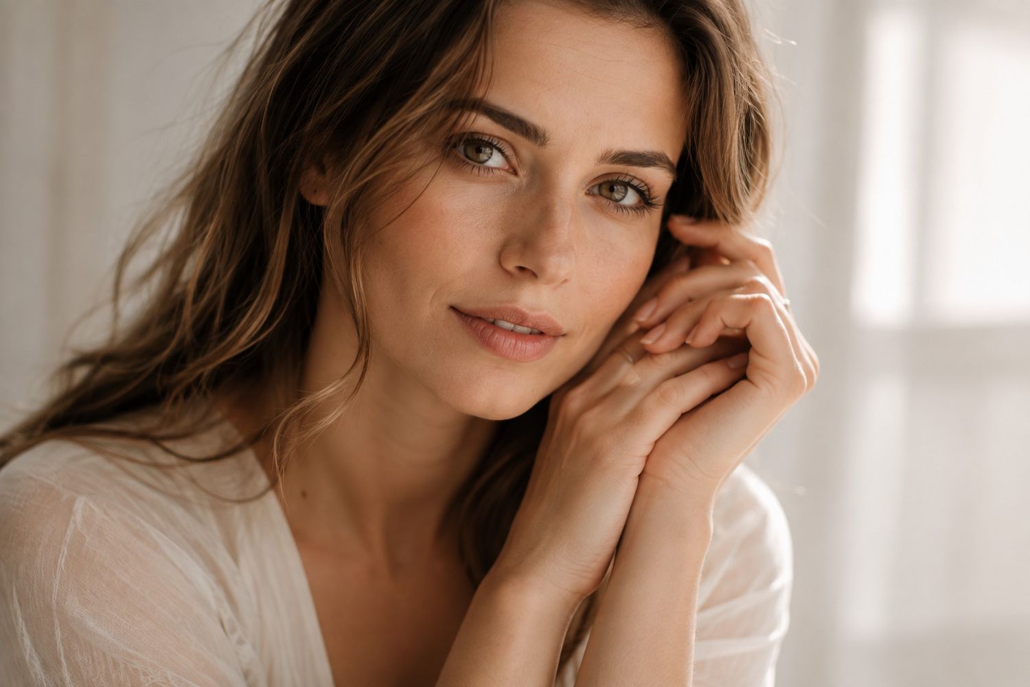 Close-up portrait of smiling brunette woman in soft natural light.