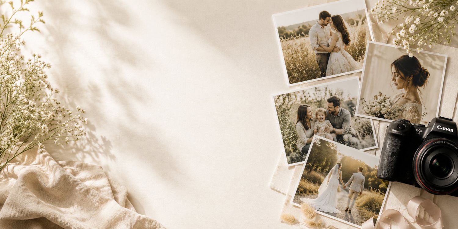 A flat lay of romantic couple Polaroid photos scattered beside a Nikon camera and dried flowers on a beige linen background.