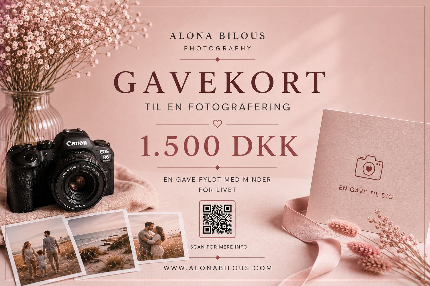 Danish photography gift card for 1500 DKK by Alona Bilous Photography, featuring a Canon camera and romantic couple photos.
