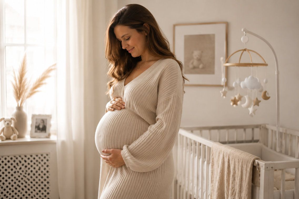 Pregnant woman in beige knit dress cradling baby bump in a soft neutral nursery with crib and mobile.