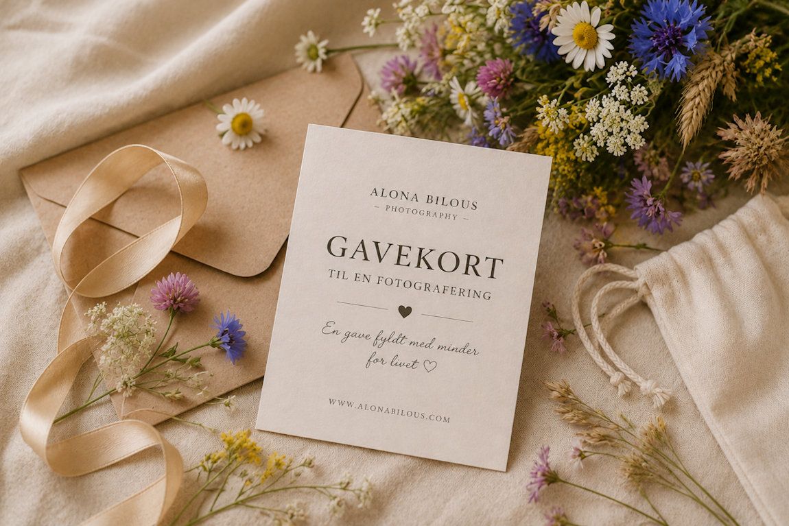 Elegant gift card for photography session displayed with wildflowers on linen fabric.
