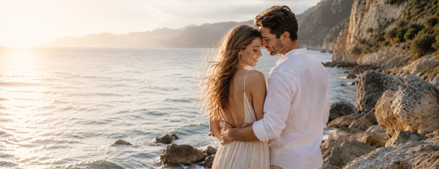 Couple embracing romantically on rocky coastal cliffs at sunset with calm ocean waters in the background.