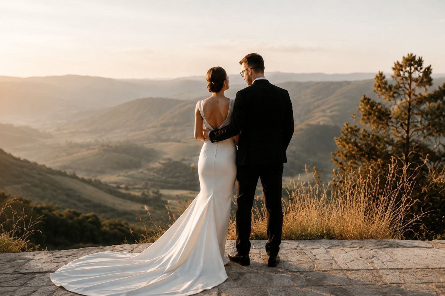 A bride and groom stand together overlooking a breathtaking mountain valley landscape at golden sunset.