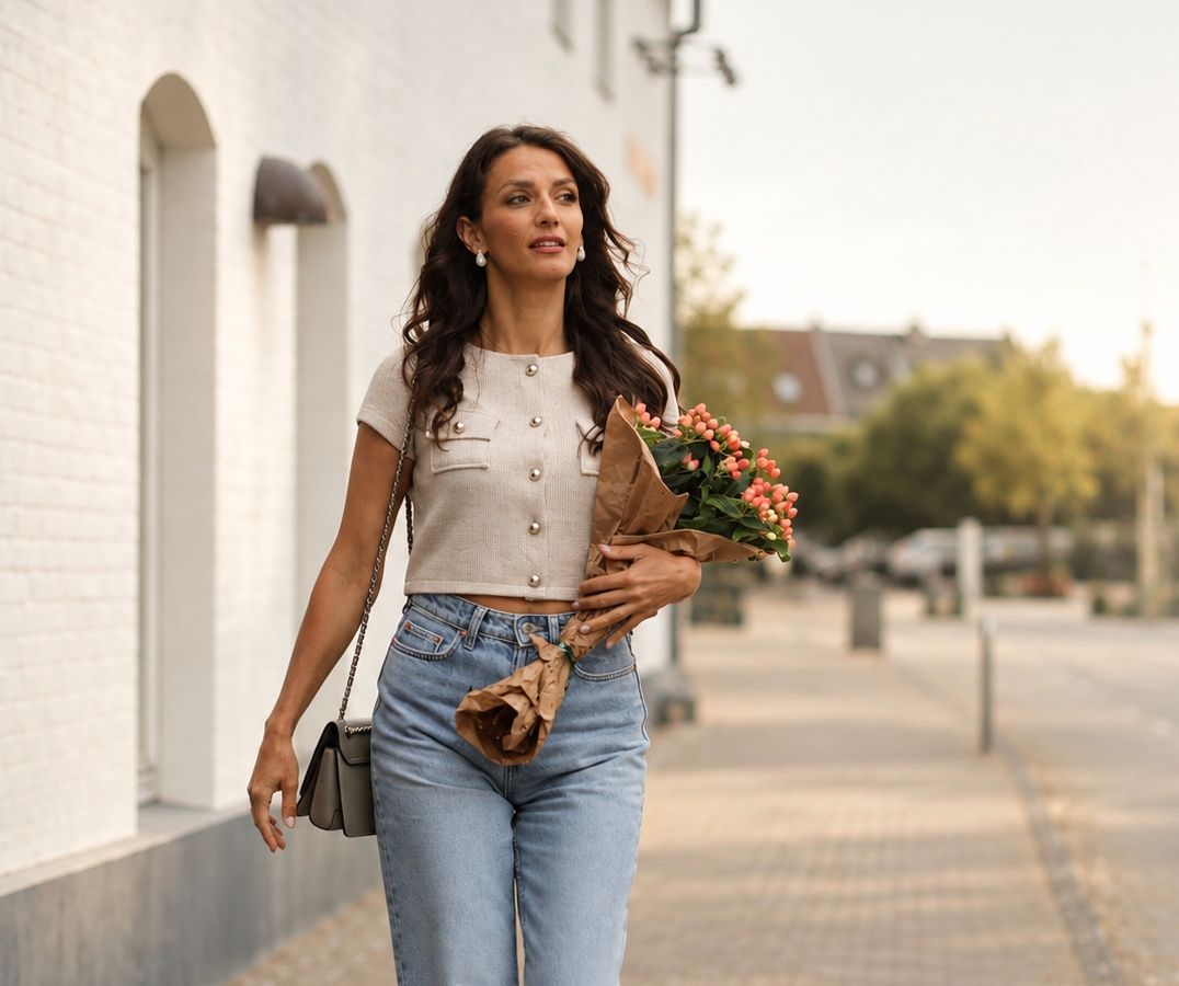 Stylish woman walking outdoors holding a bouquet of flowers and a shoulder bag.