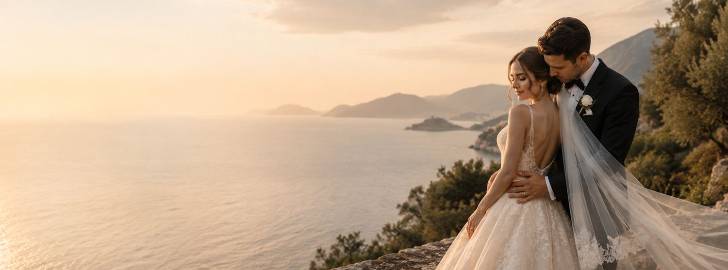 A bride and groom embrace at sunset overlooking a stunning coastal landscape with mountains and calm blue waters.