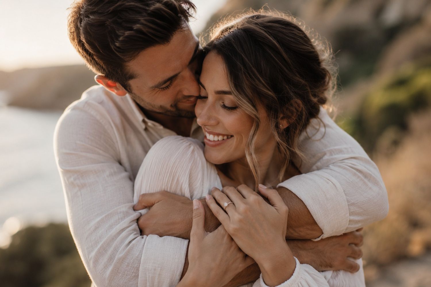 Happy couple sharing a warm embrace outdoors at golden hour, woman smiling with an engagement ring visible.