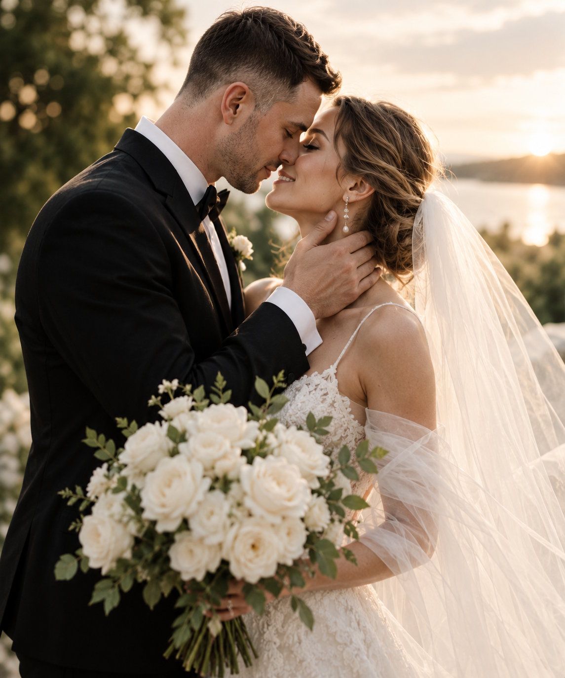 A groom cradles his brides face as they share an intimate moment holding a white rose bouquet at sunset.