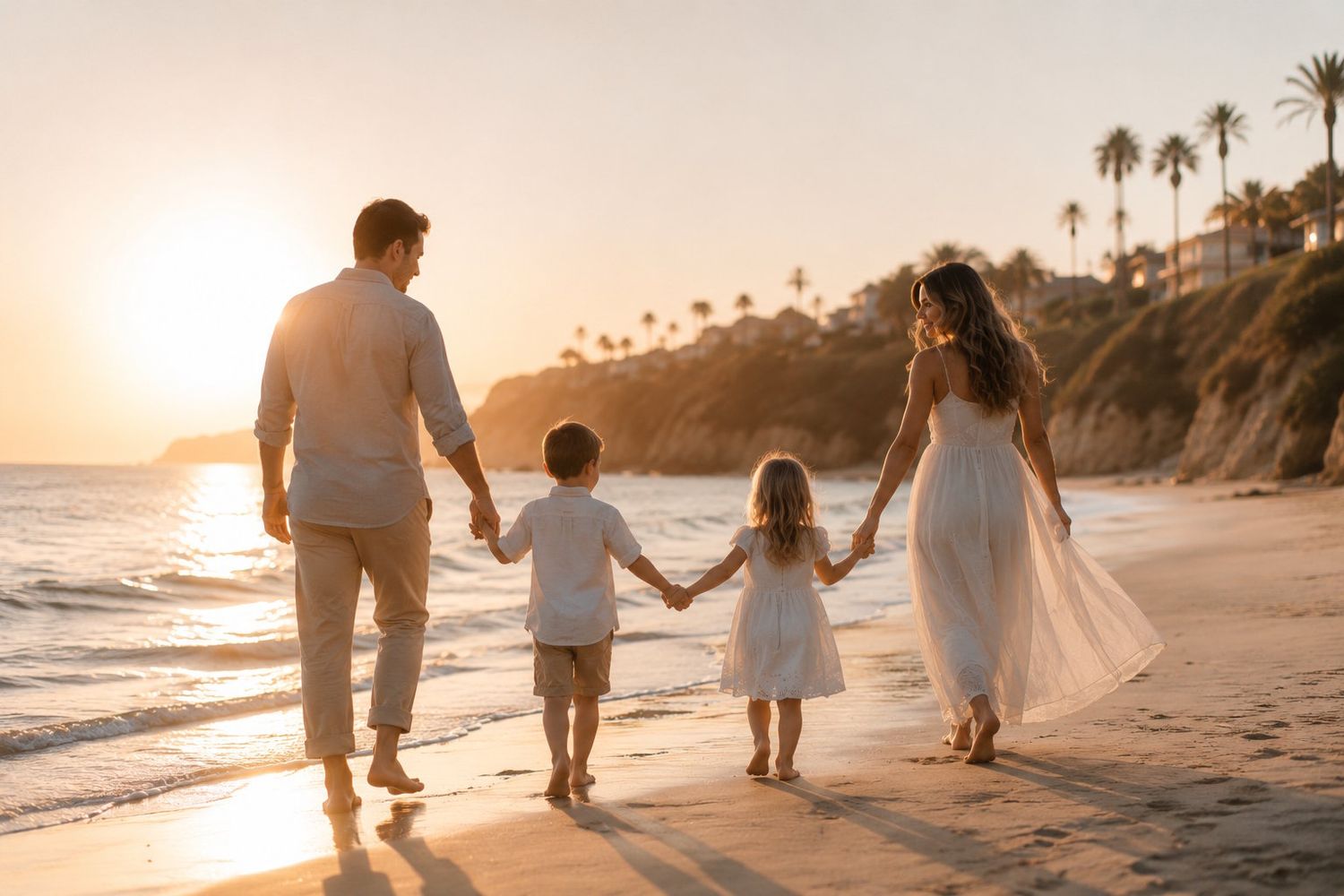 Family of four holding hands walking along a sunny beach at sunset with palm trees in background.