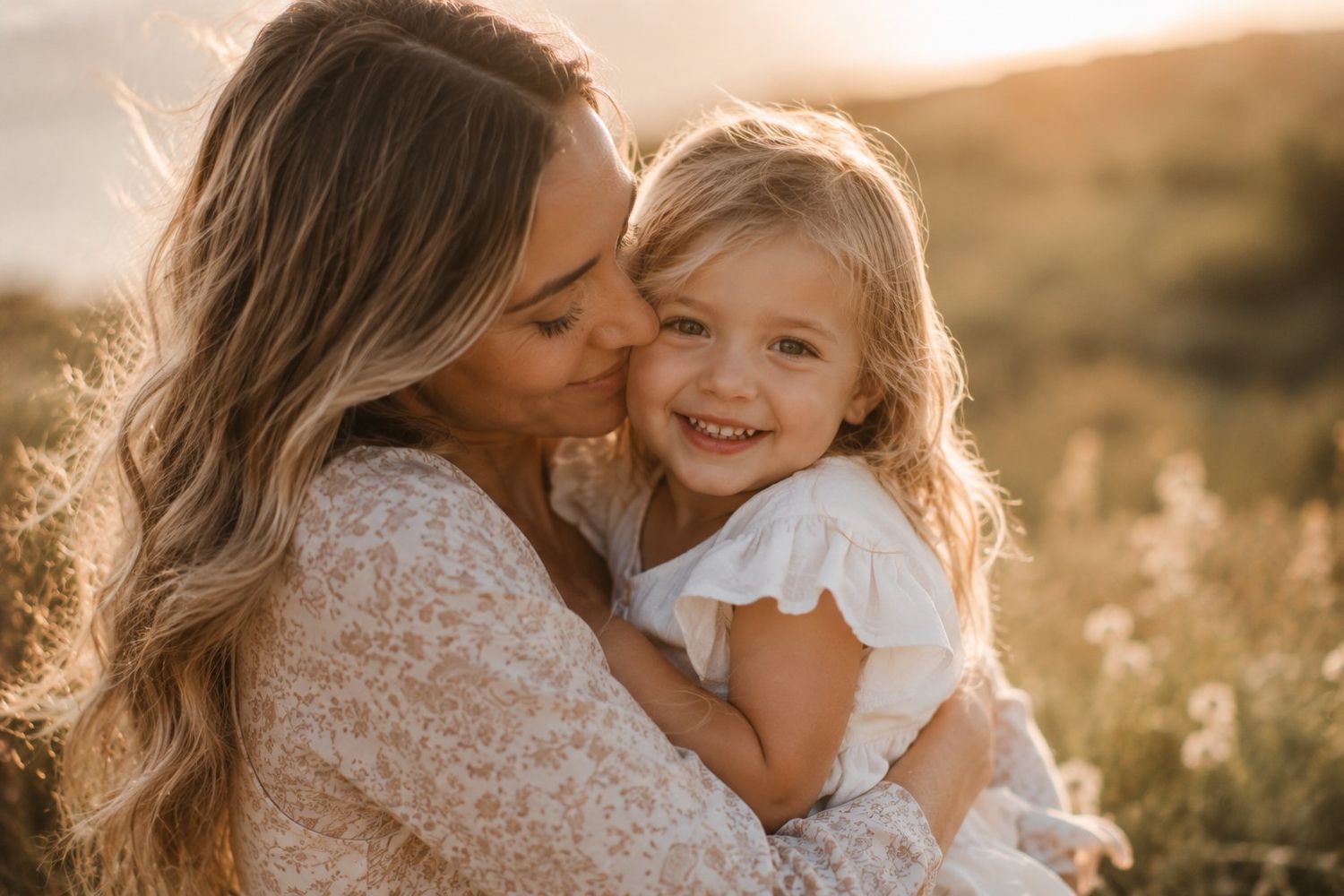 Mother kissing smiling young daughter in sun-drenched wildflower field at golden hour.