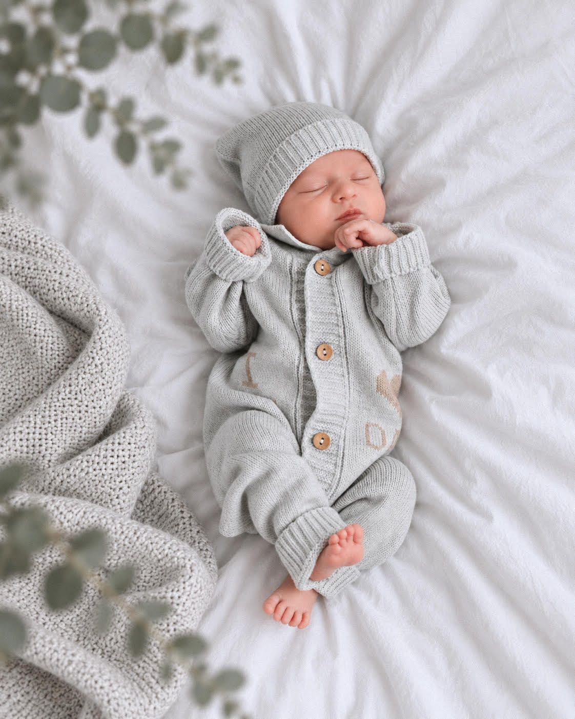 Sleeping newborn baby in gray knit romper and matching hat lying on white bedding with eucalyptus leaves.