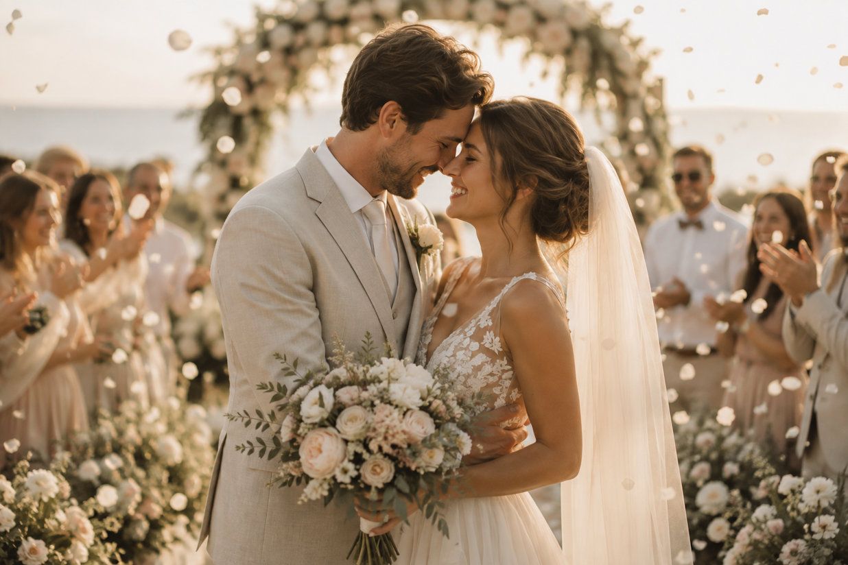 Romantic beach wedding couple sharing intimate moment under floral arch with guests celebrating around them.