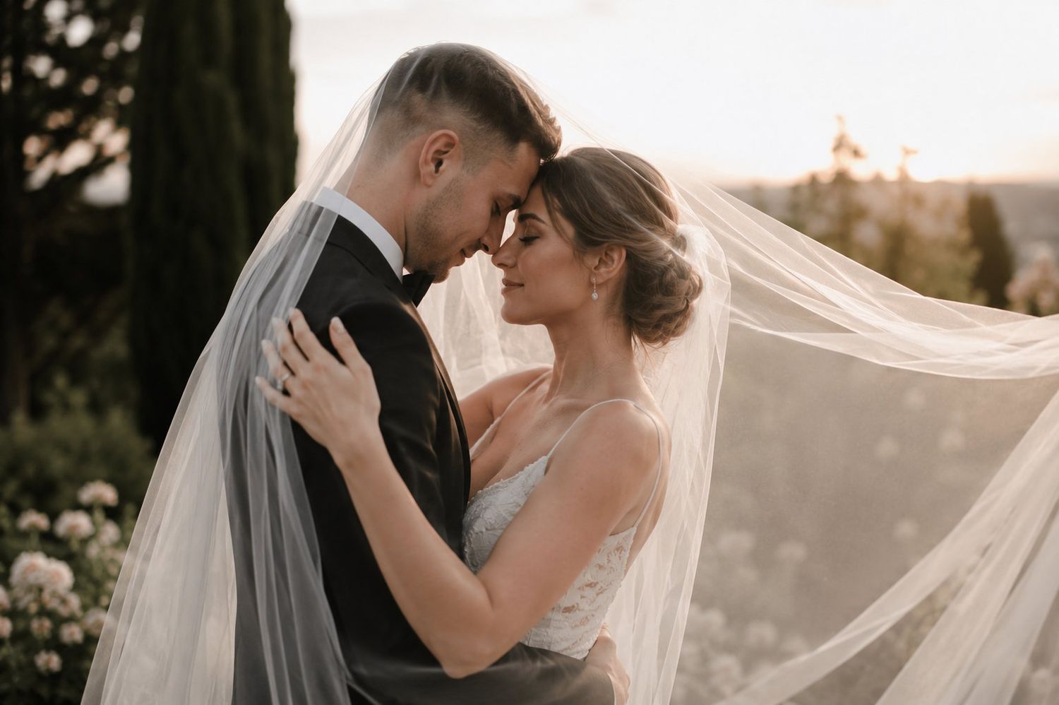 Bride and groom share an intimate moment under a flowing veil at golden hour outdoors.