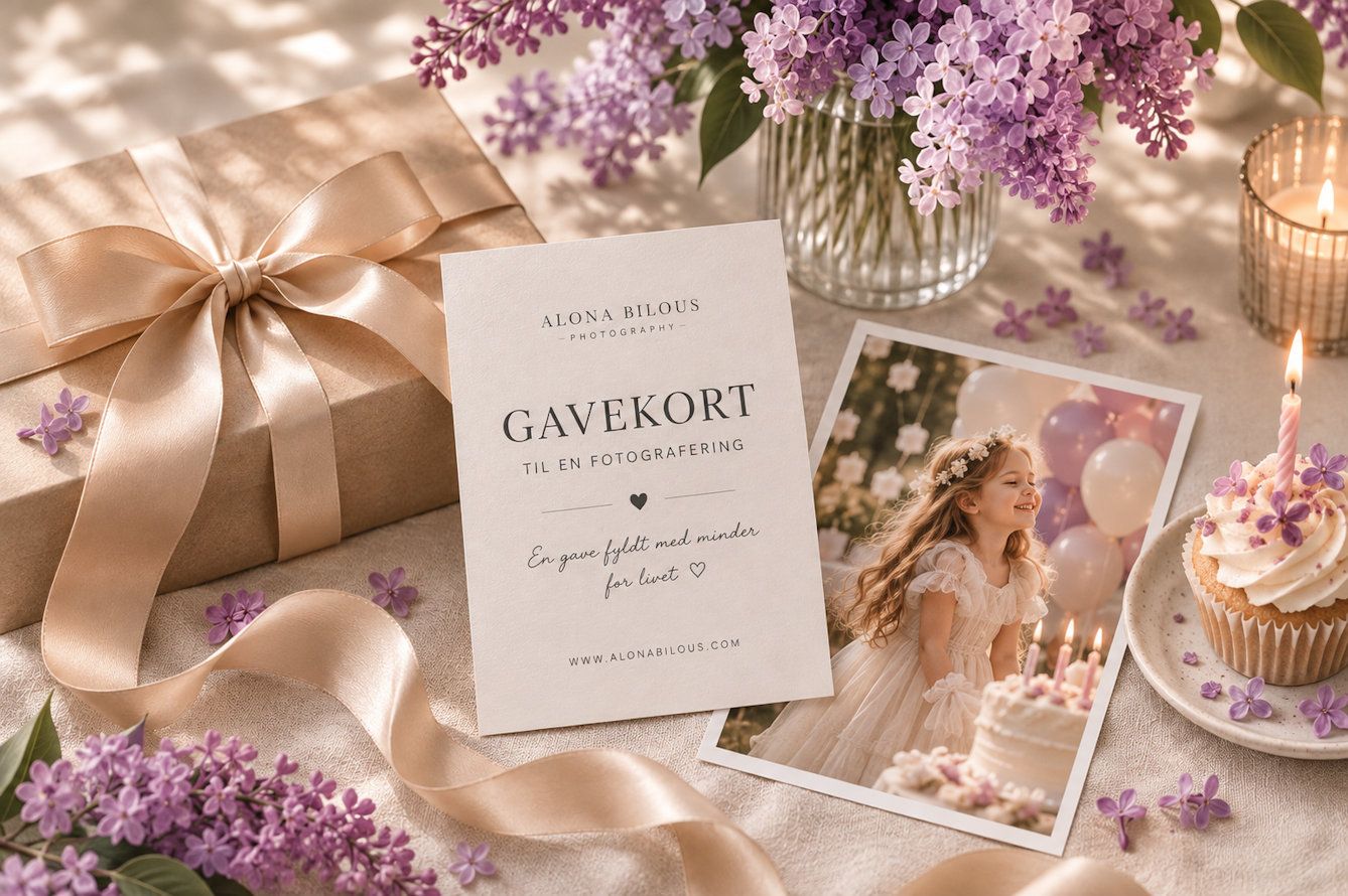 Elegant gavekort til fotografering omgivet af lilla syren, stearinlys og en cupcake på et lyst bord.