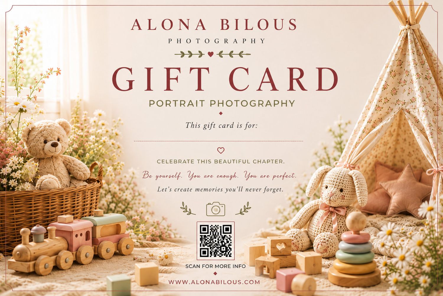A gift card for Alona Bilous portrait photography featuring soft pastel tones with teddy bears, wooden toys, and a cozy teepee.