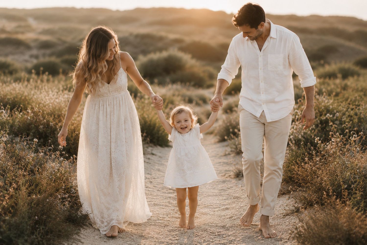 Young family in white outfits walking hand in hand with toddler on a golden sunset desert path.