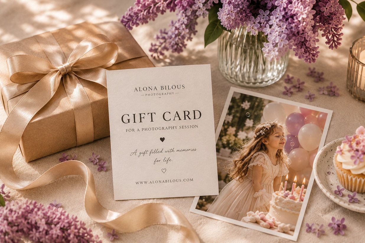 Elegant gift card for Alona Bilous art and photography services displayed with wrapped present and purple lilac flowers.