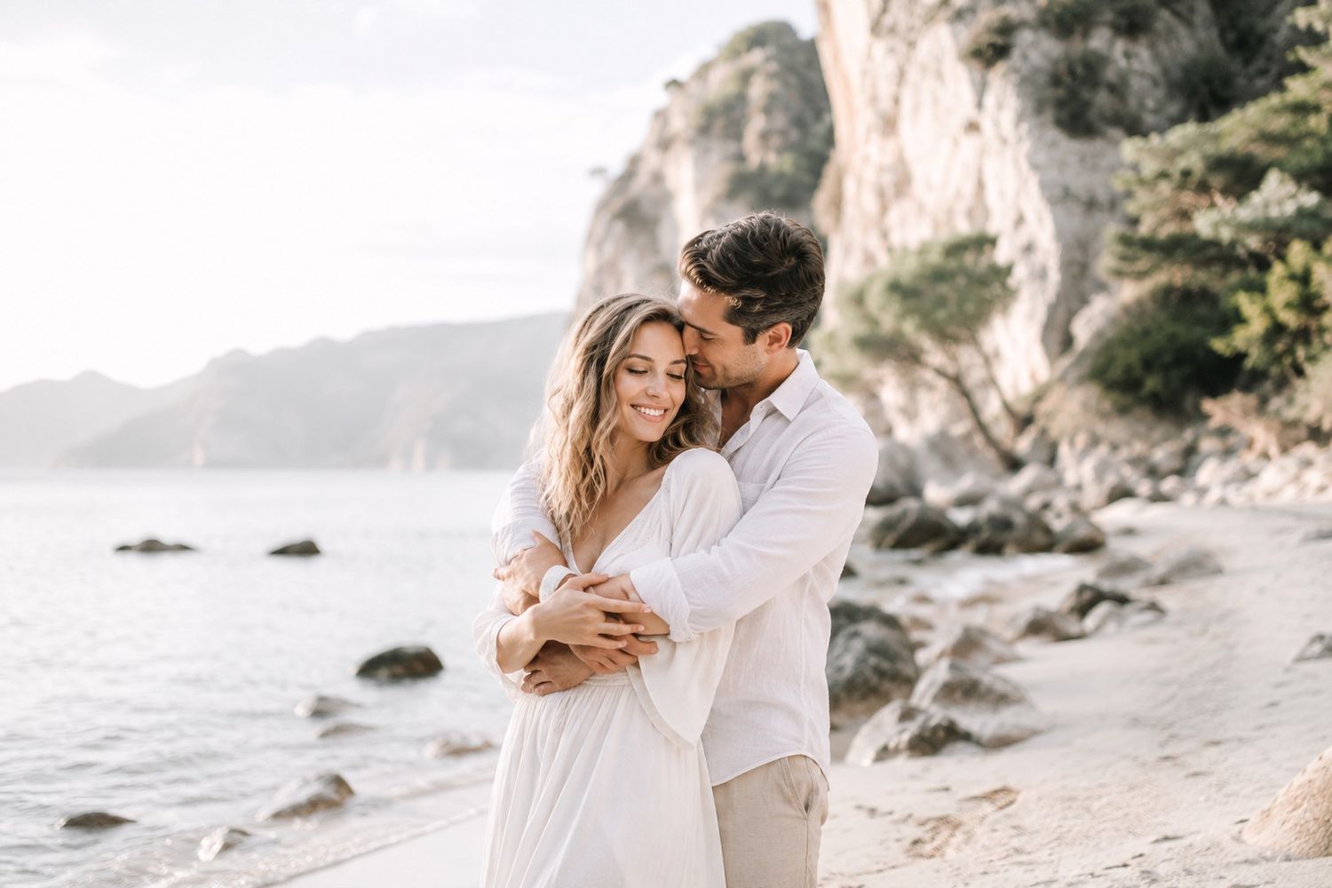 Couple embracing on a rocky beach at sunset, man kissing woman's cheek as she smiles in a white dress.