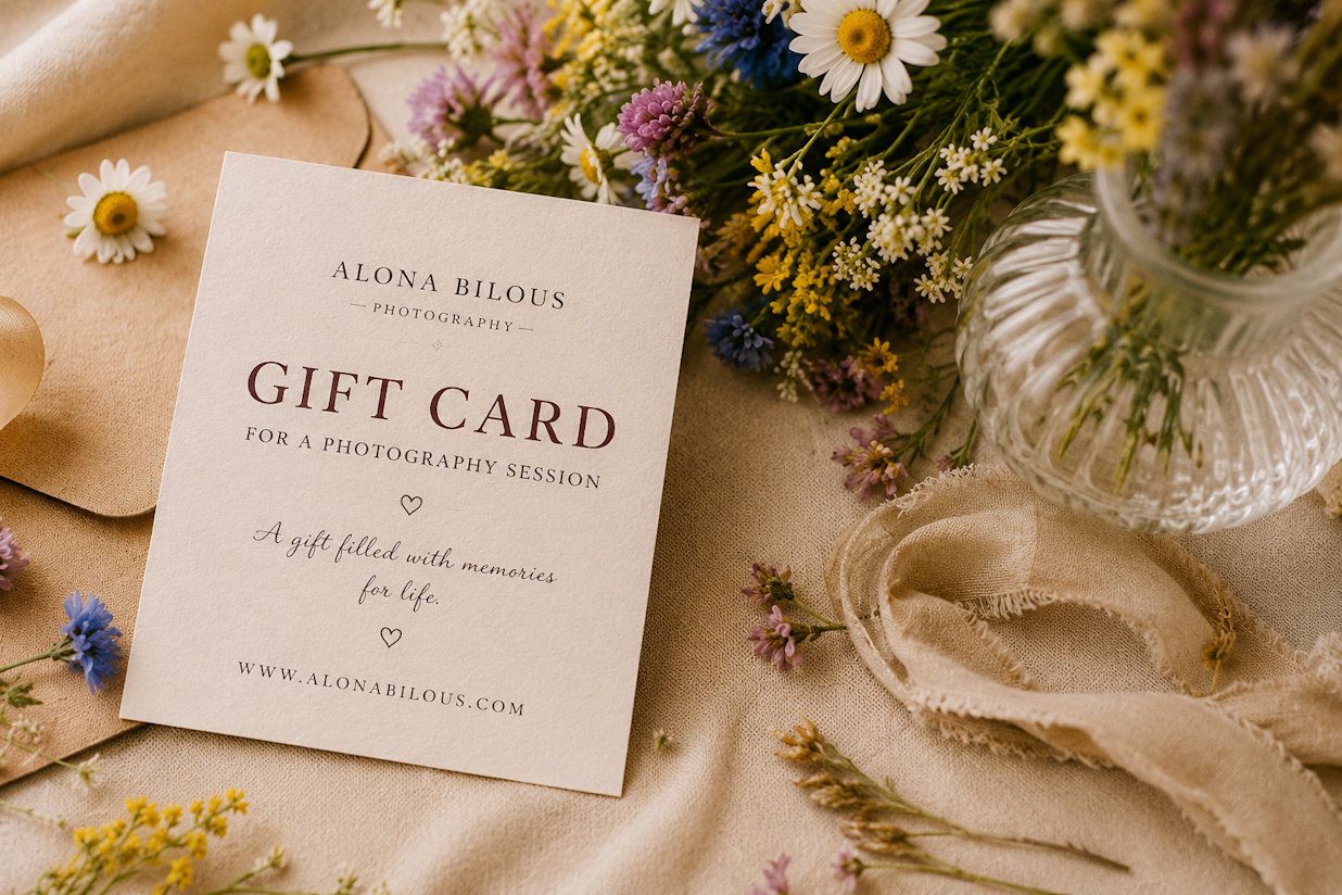 Alona Bilous photography gift card for a session displayed among colorful wildflowers and a glass vase on beige linen.