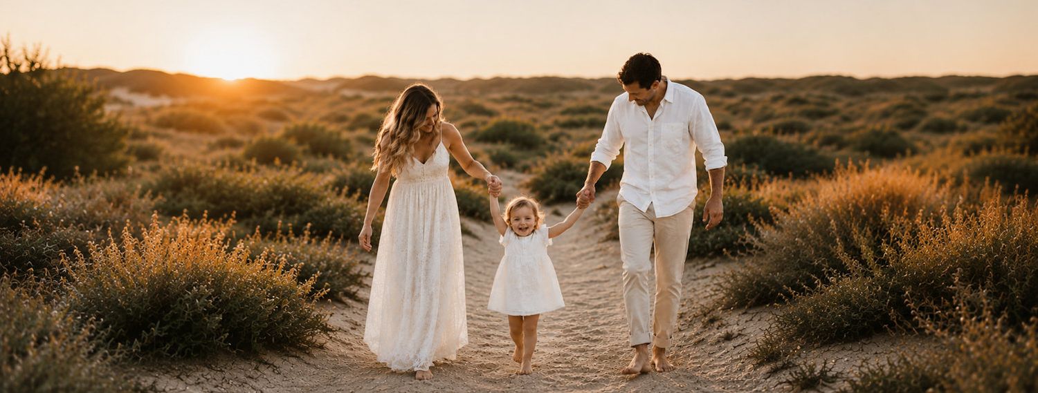 A family of three walks hand-in-hand on a sandy path at sunset, parents in white outfits with their toddler between them.