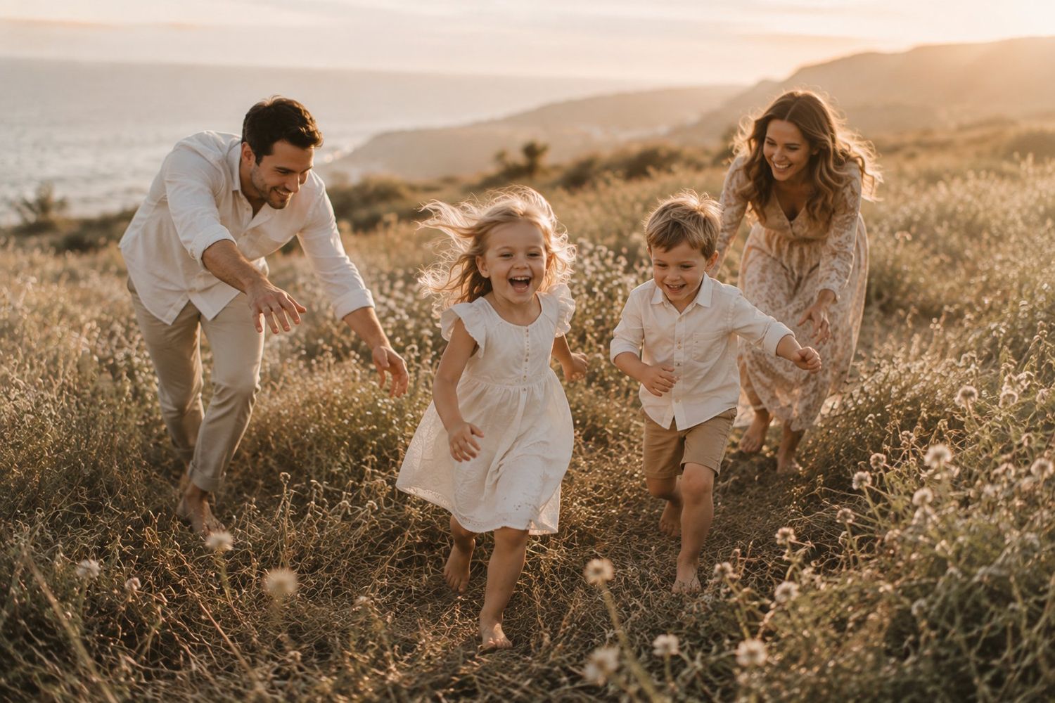 Joyful family with two children running through a golden wildflower meadow at sunset near the coast.