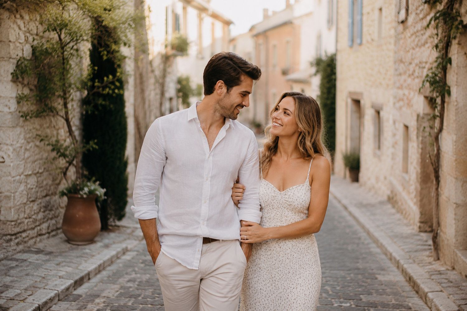 Romantic couple walking through a charming European cobblestone alley, smiling at each other in elegant attire.