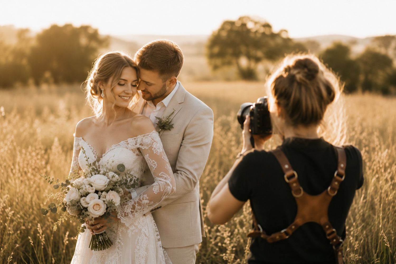 Wedding photographer capturing bride and groom embracing in golden sunset field.