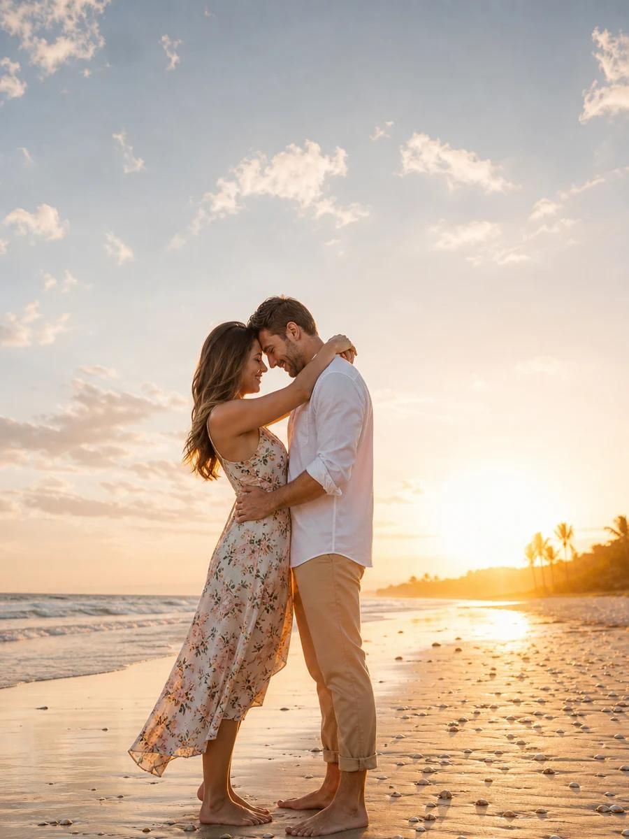 Couple dancing romantically on a tropical beach at sunset, woman in floral dress embracing man in white shirt.