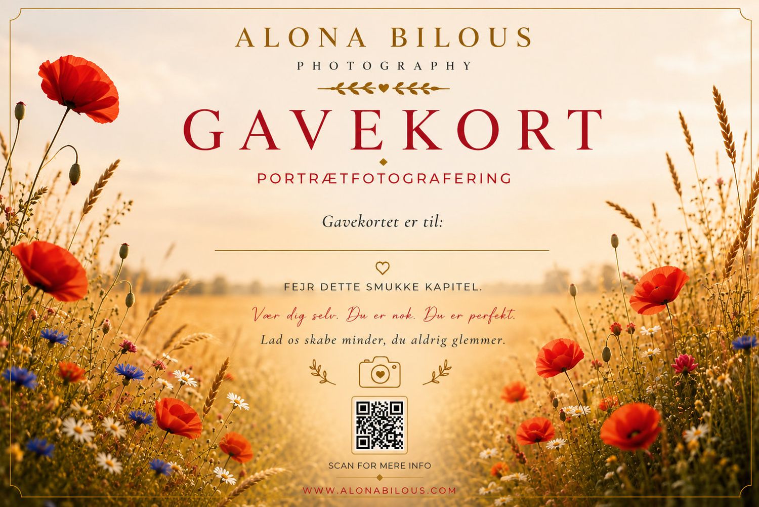 Danish gift card for Alona Bilous portrait photography featuring a golden poppy field with red and blue wildflowers.