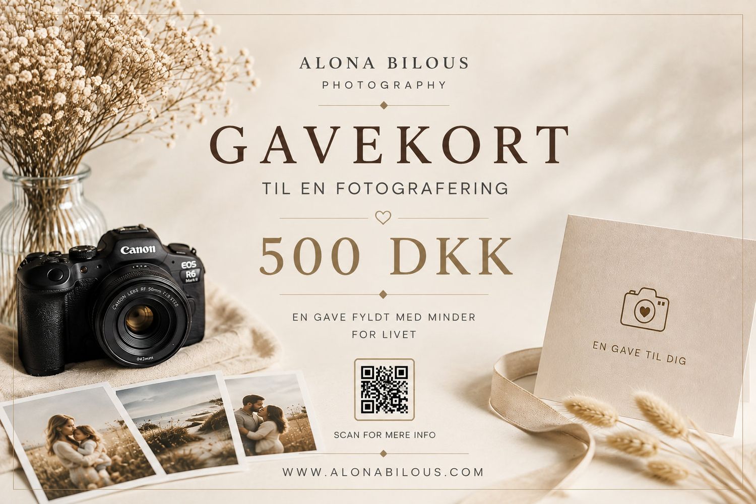 Alona Bilous Photography gavekort til en fotografering, 500 DKK, med Canon kamera og vintage fotos på beige baggrund.
