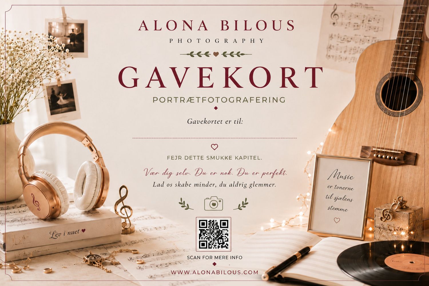 Gavekort for portræt fotografering fra Alona Bilous Photography, dekoreret med guitar, vinyl og hovedtelefoner.