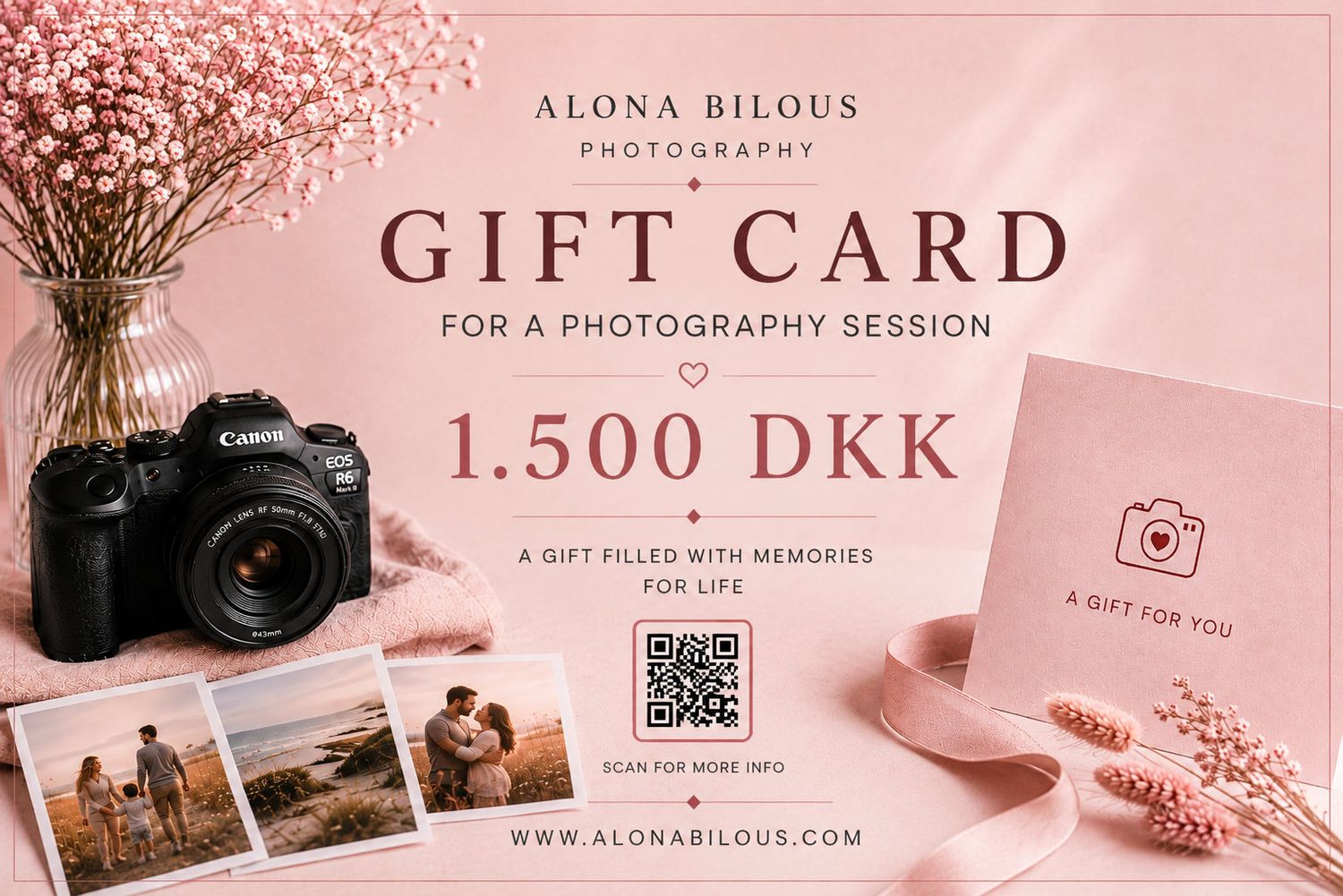 Pink photography gift card for Alona Bilous offering a 1500 DKK session, featuring a Canon camera and romantic couple photos.