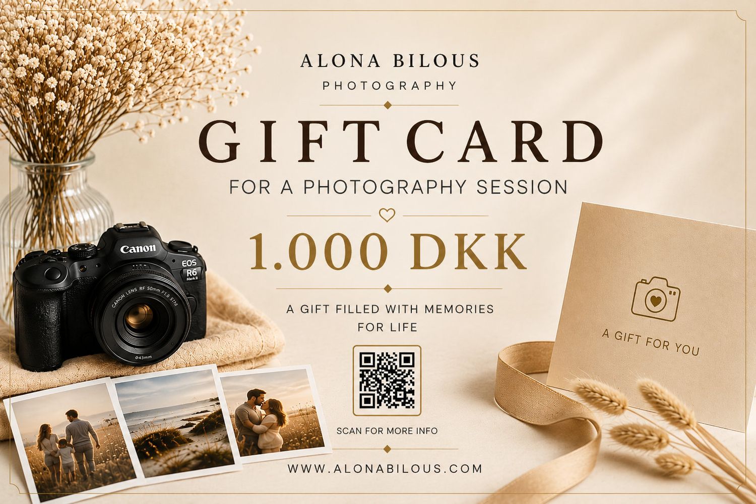 Alona Bilous Photography gift card for a 1000 DKK photography session, featuring a Canon camera and romantic couple photos.