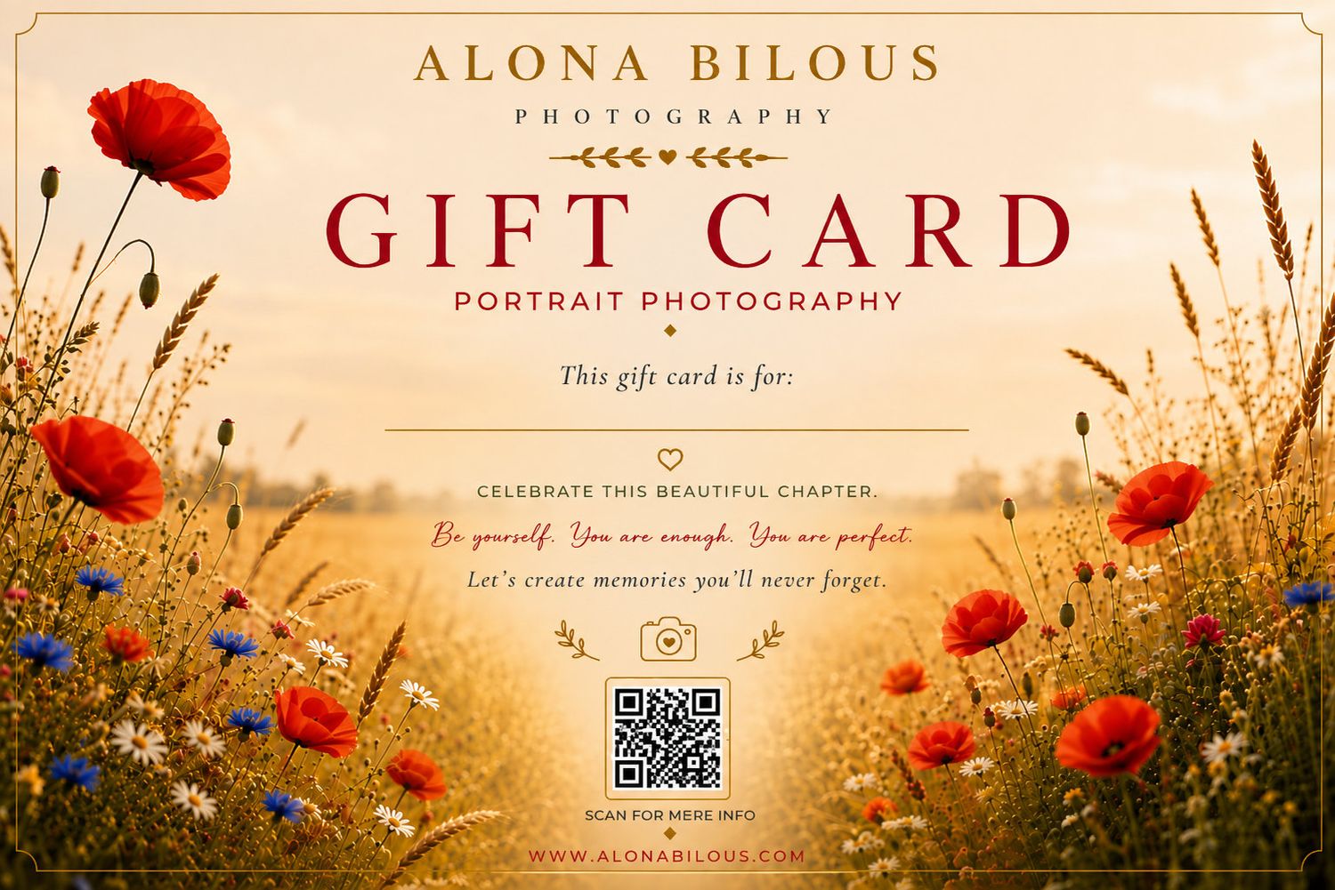 A floral gift card for Alona Bilous Portrait Photography featuring red poppies and wildflowers in a golden summer field.