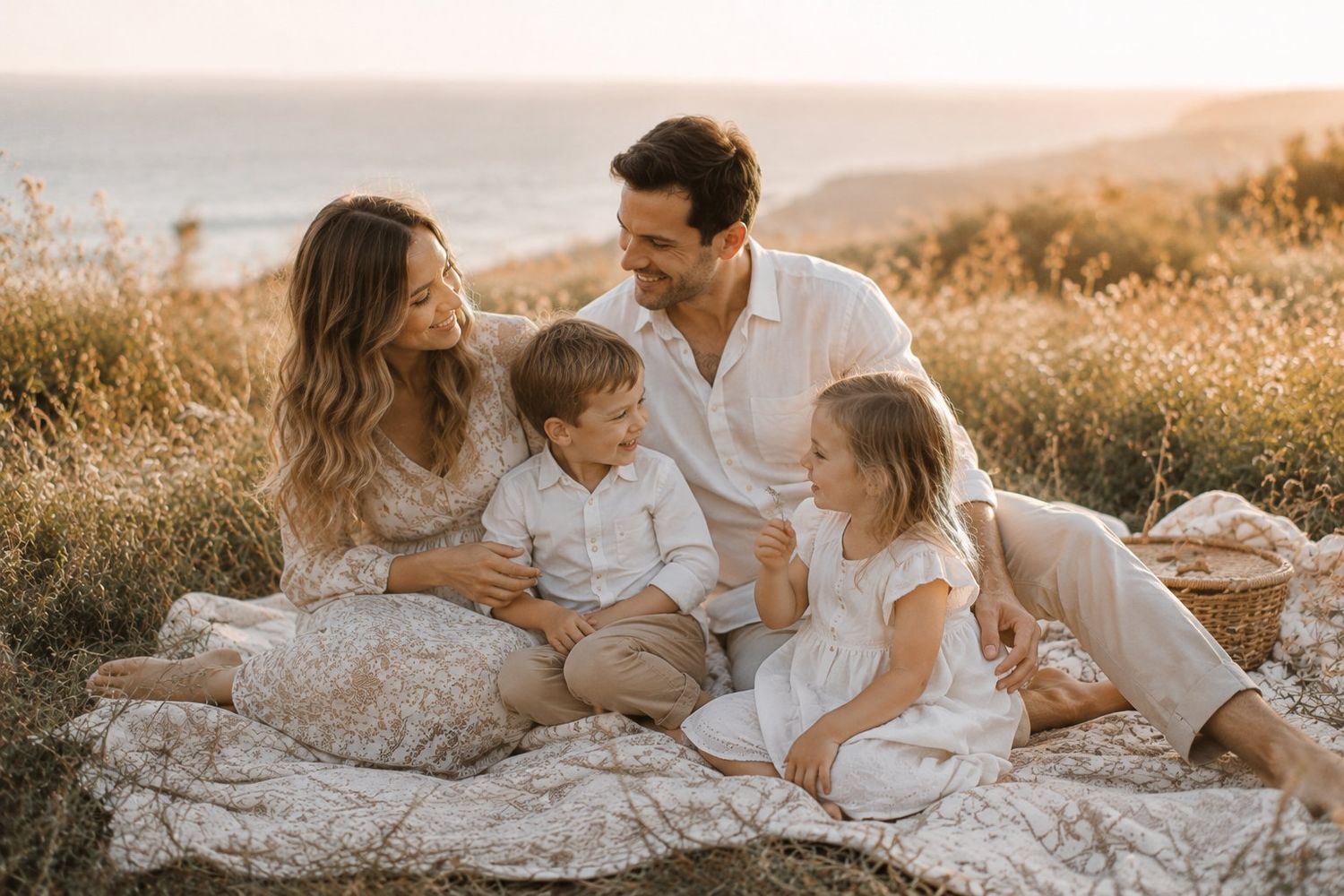 Happy family of four sitting on picnic blanket in golden coastal meadow at sunset.