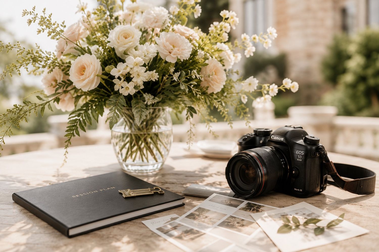 Wedding photography setup with camera, album, and white floral bouquet outdoors.
