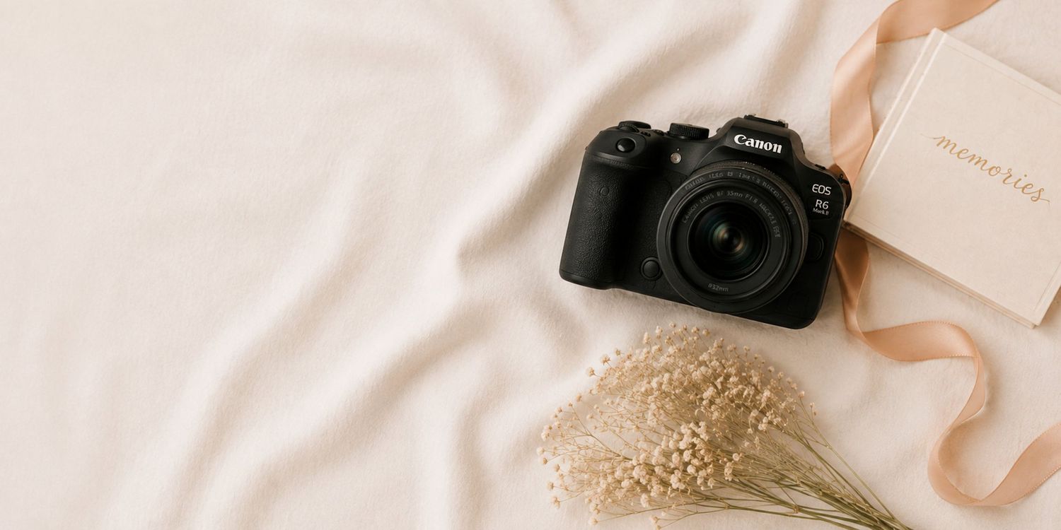 Canon DSLR camera with 50mm lens beside dried flowers and a notebook on a soft cream fabric background.