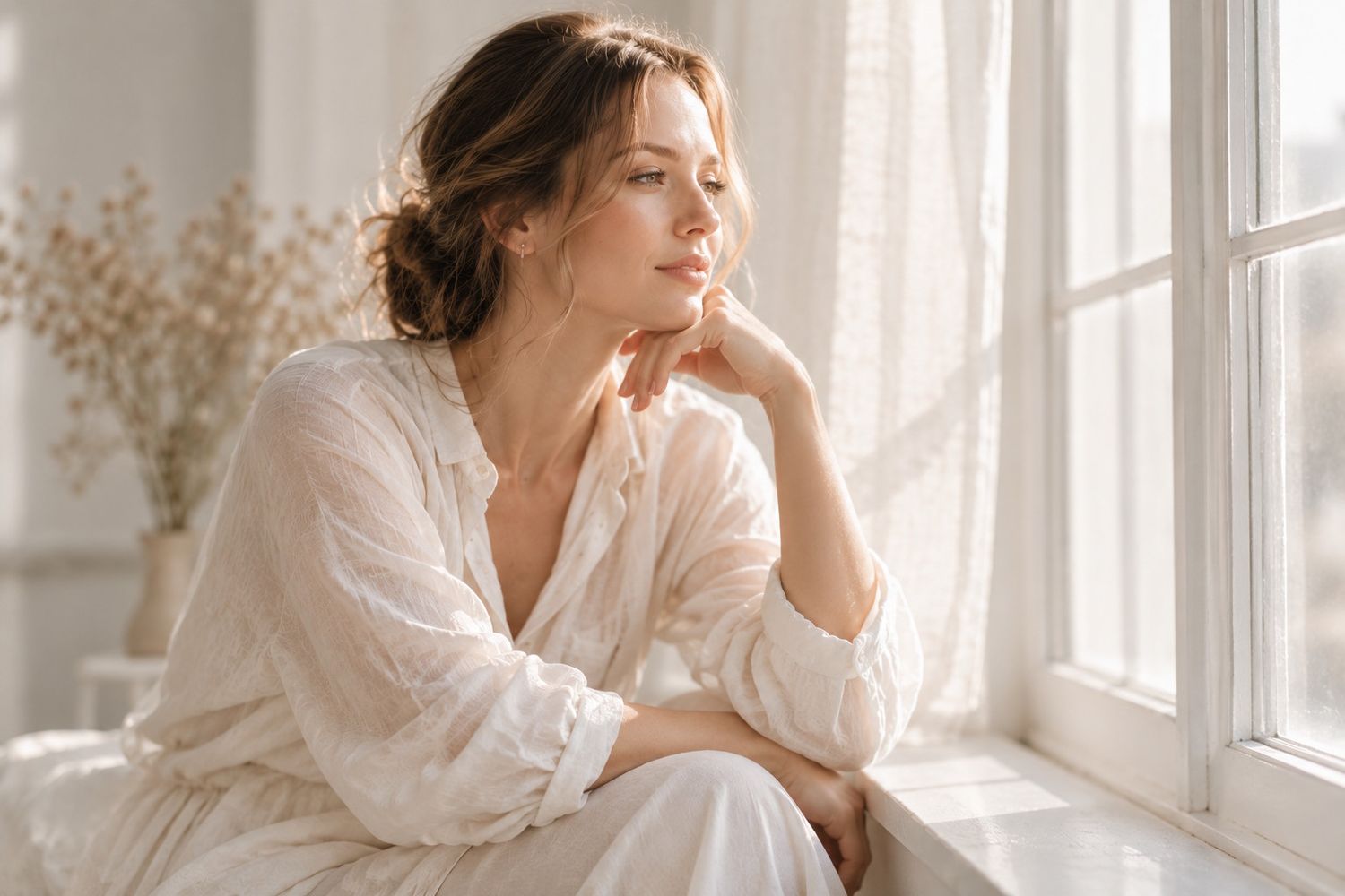Serene woman in white linen shirt gazing thoughtfully out window.