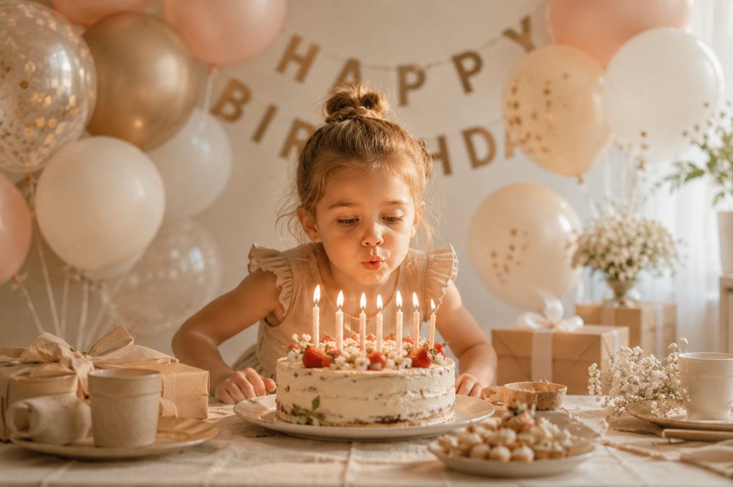 A young girl blows out candles on a birthday cake surrounded by pink balloons and a Happy Birthday banner.