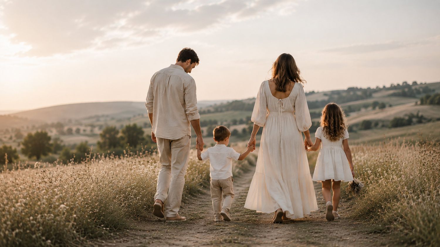 Family of four walking hand-in-hand on a scenic countryside path at golden sunset, dressed in white.