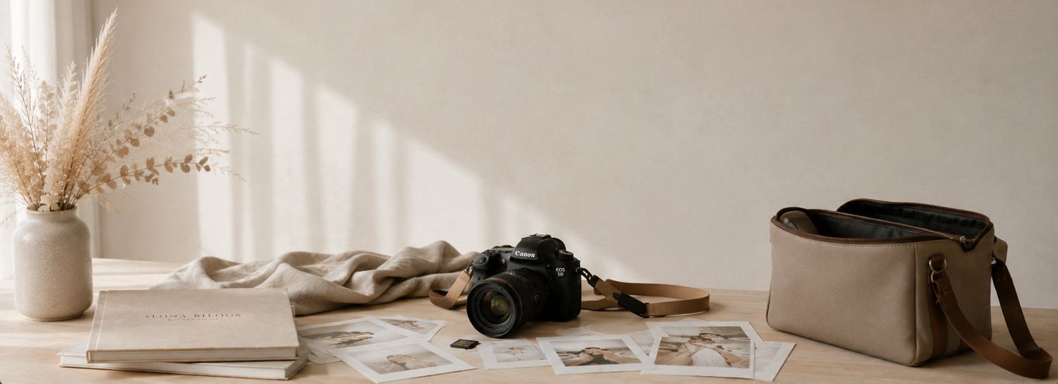 A DSLR camera, photos, books, and a beige bag arranged on a wooden desk with soft natural light.