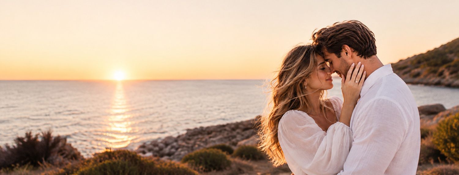 Couple sharing a romantic moment at sunset by the ocean, dressed in white, with golden light reflecting on the water.