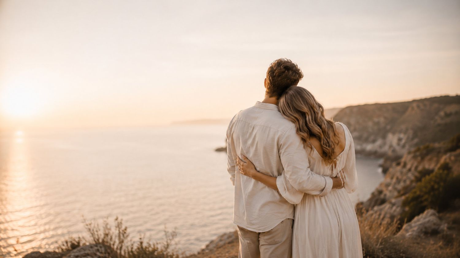Couple embracing at sunset on a coastal cliff, gazing at the golden horizon over the ocean.