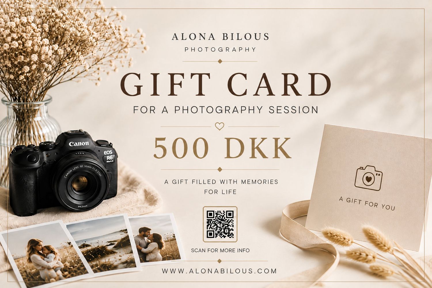 Alona Bilous Photography gift card for a 500 DKK photography session, featuring a Canon camera and romantic couple photos.