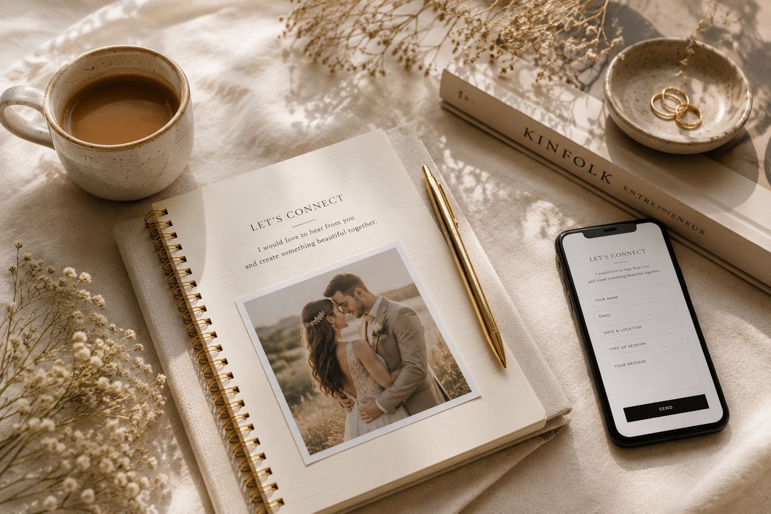 Wedding planning flatlay with notebook, coffee, rings, and smartphone.