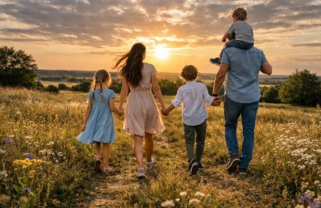 Happy family walking through wildflower meadow at sunset, parents holding children's hands.