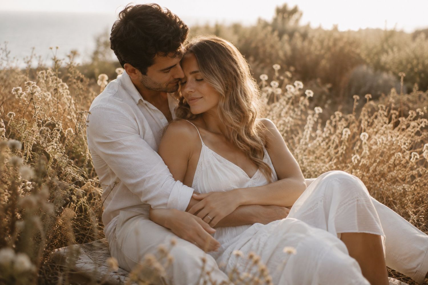 Couple in white outfits sitting together in golden sunlit meadow, sharing a tender romantic moment.
