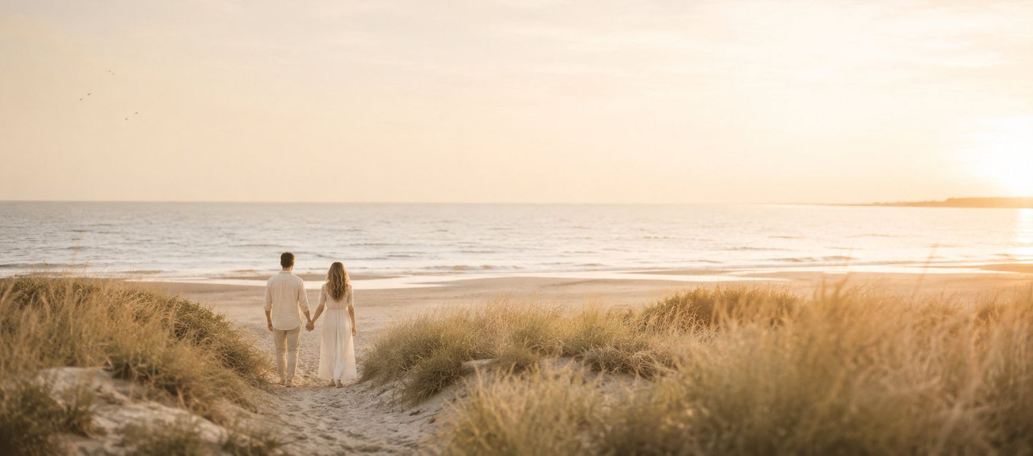 Couple in wedding attire holding hands on sandy beach dunes at golden sunset with ocean horizon backdrop.