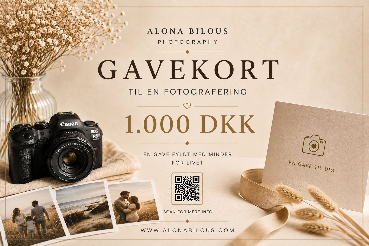 Alona Bilous Photography gavekort til en fotografering til 1.000 DKK, med Canon kamera og romantiske billeder.