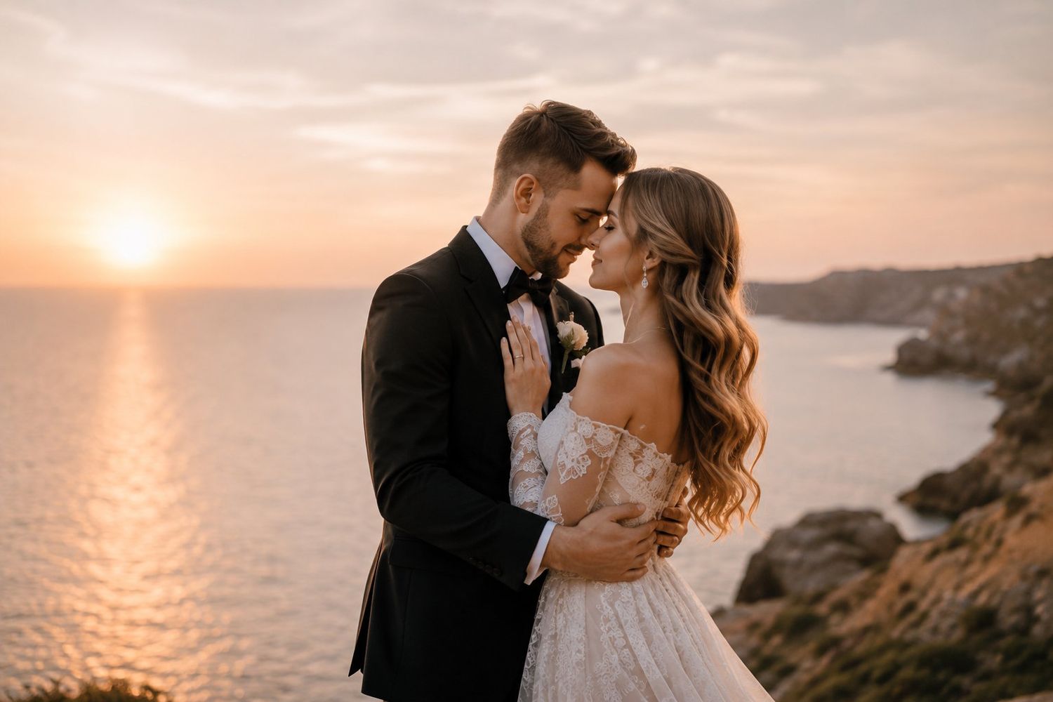 Romantic bride and groom embracing at sunset over ocean cliffs.